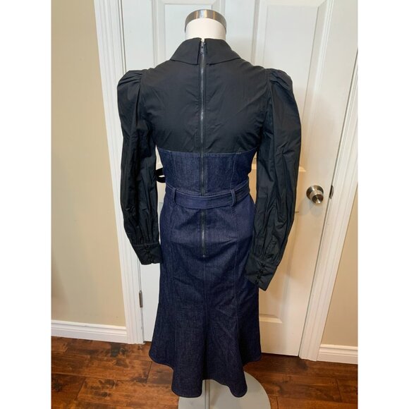 Marchesa Rosa Dark Wash Denim Layered Black Combo Collared Pencil Dress, Size 0 - Picture 6 of 8